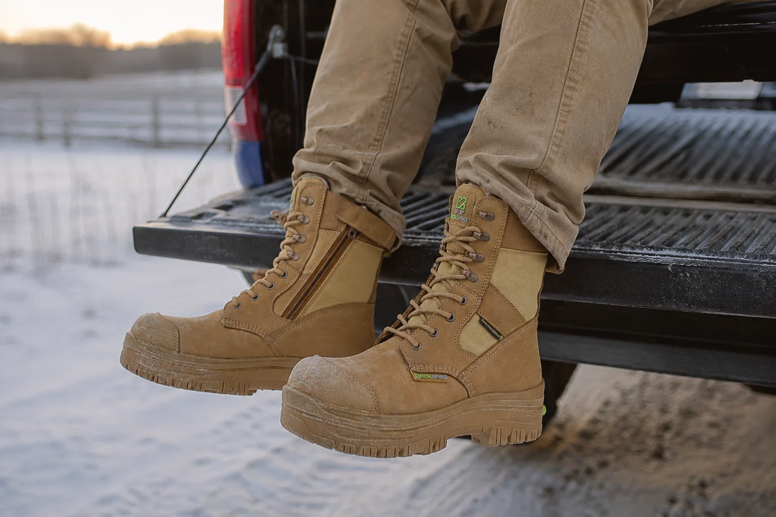 A worker sitting on the tailgate of a pickup at dusk, wearing GEN 3 boots in Coyote