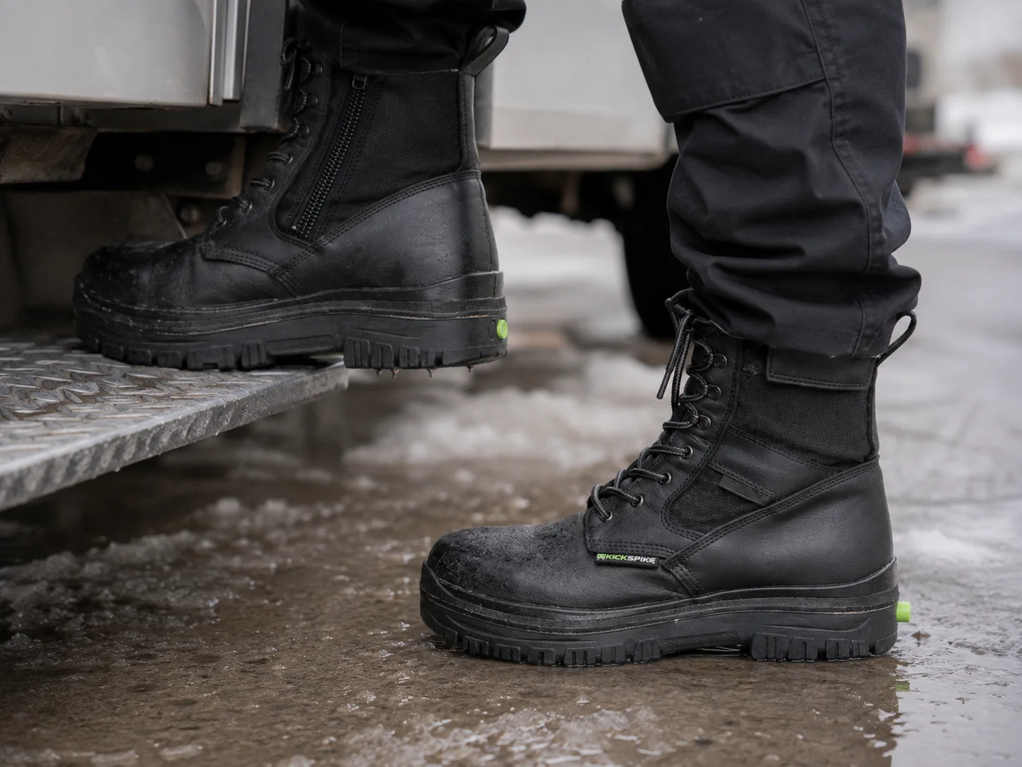 Two GEN 3 boots at a delivery truck step on wet, icy ground