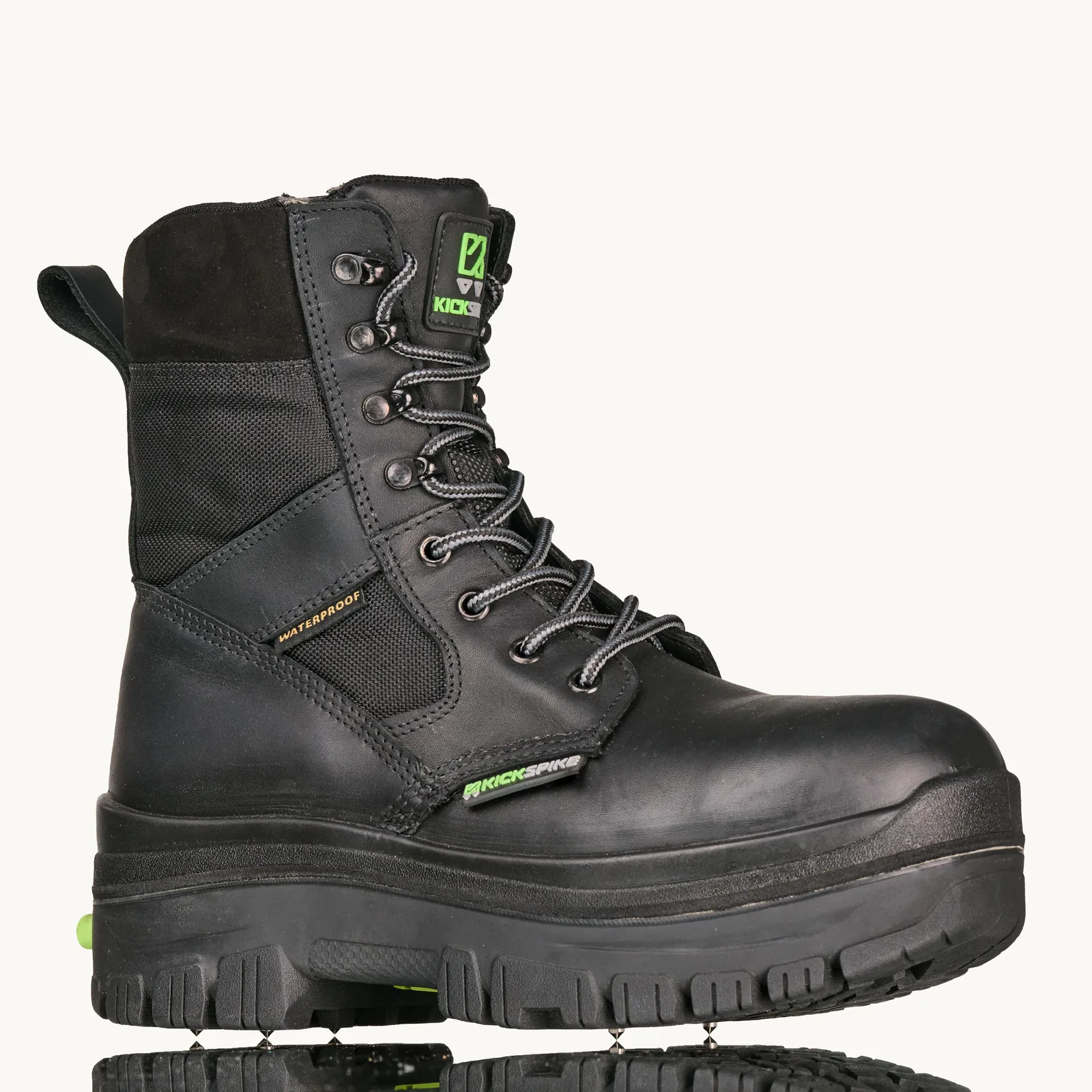 Kickspike GEN 3 work boot in Black, three-quarter view, spikes deployed below the outsole